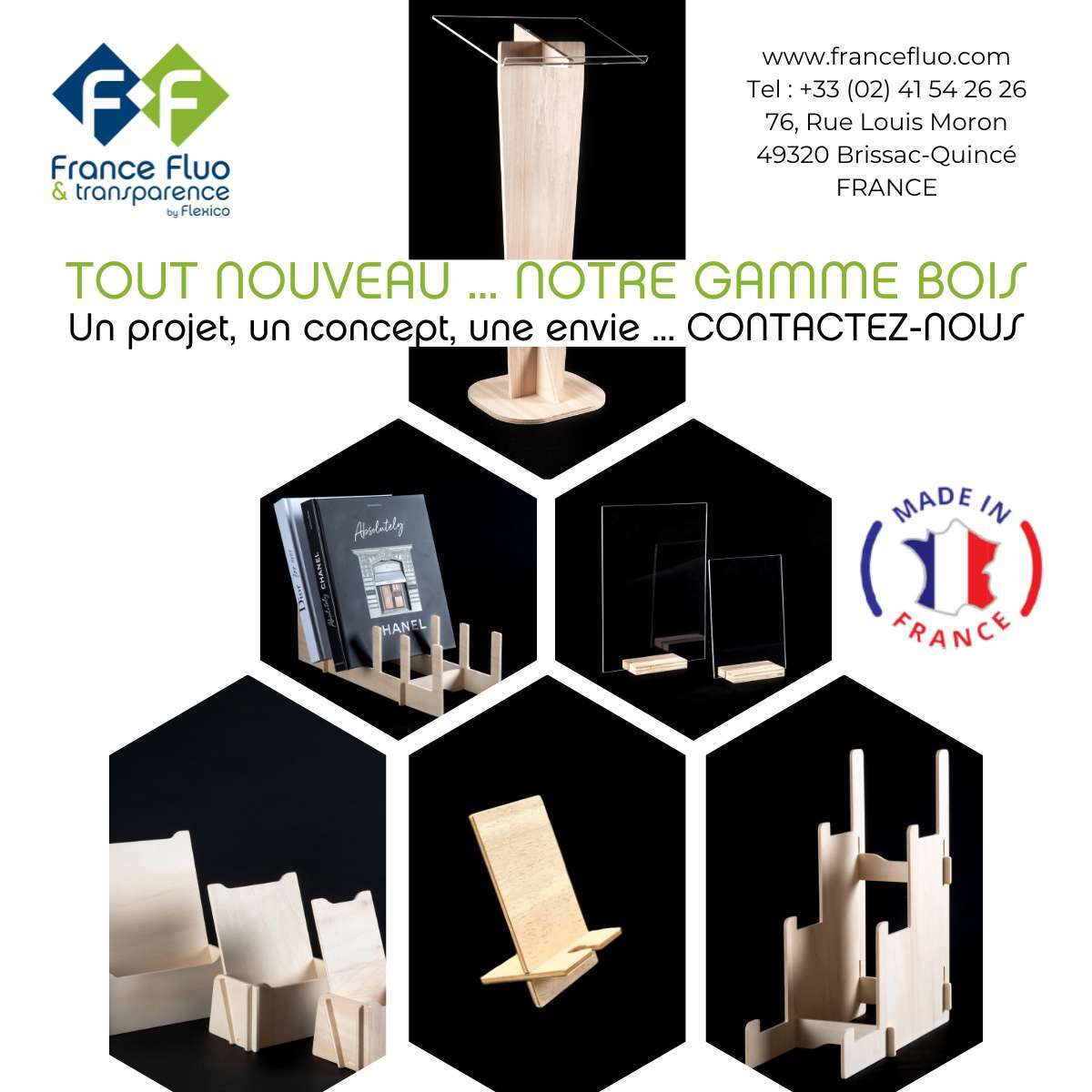 FF,FRANCE FLUO, GAMME BOIS, CONTREPLAQUE PEUPLIER, PRESENTOIR A4, PORTE DOCUMENT, CHEVALET A5, BAC BOIS, BAC PLEXI, BAC A FOUILLE, BAC SOLDEUR, BAC DEMONTABLE, FABRICANT FRANCAIS