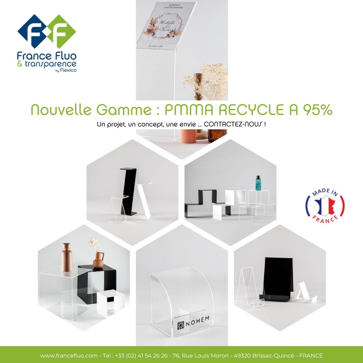 FFT, pub plexi recyclé PMMA chevalet support étiquette présentoir fabricant français made in france cube marches